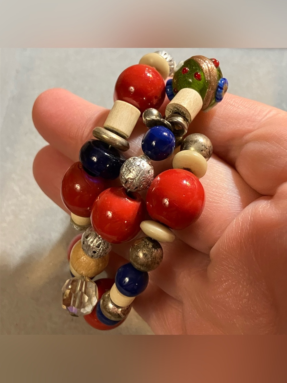Multicolor Mixed Media Bead Wrap Bracelet Lampwork Glass Red White Blue